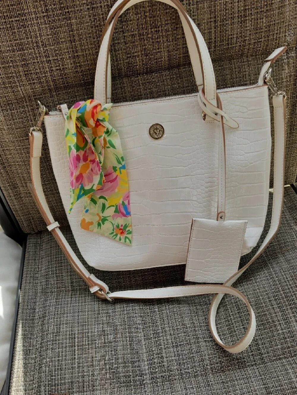 ANNE KLEIN Croc-Embossed White Bag with Floral Scarf Accent